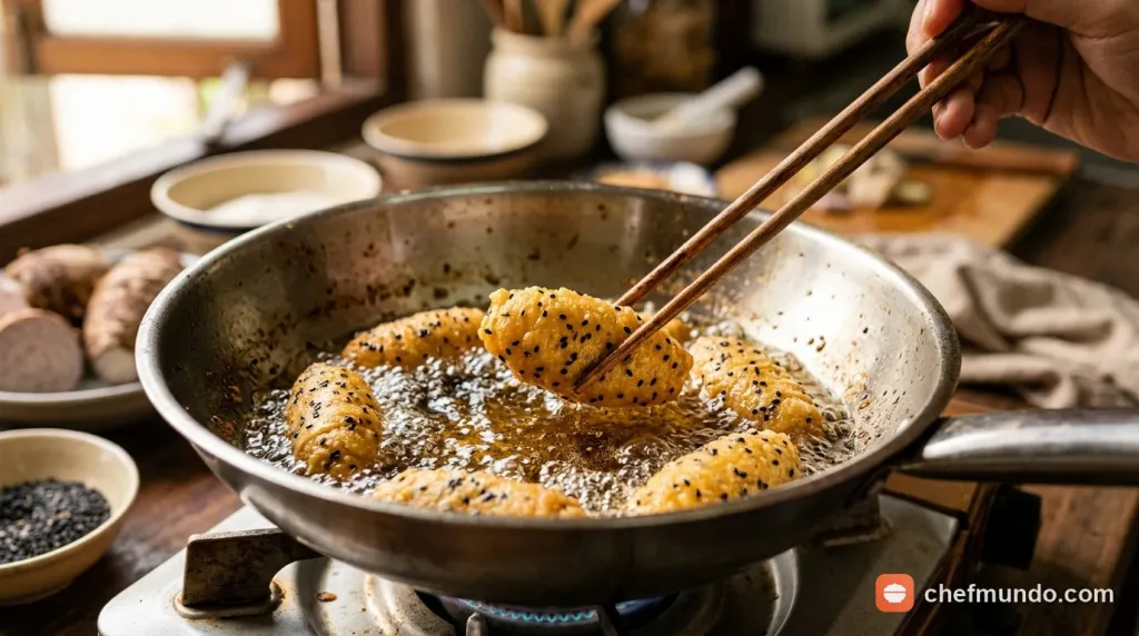 Chiên bánh khoai môn kén ngập dầu sôi ở nhiệt độ thích hợp giúp vỏ ngoài vàng giòn