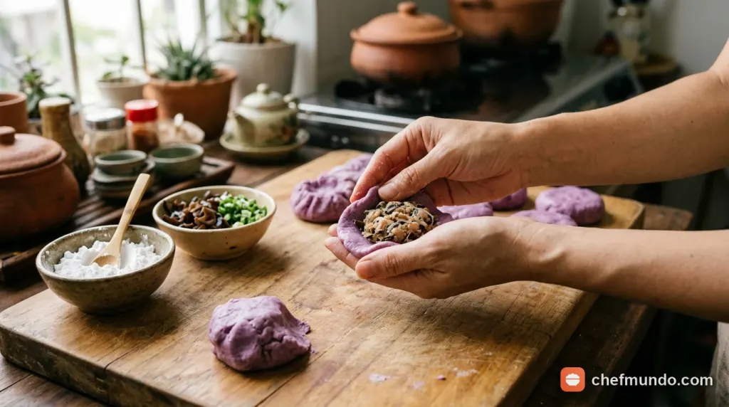 Công đoạn nặn bột bánh khoai môn và bọc nhân thịt nấm dẻo mịn trên thớt gỗ