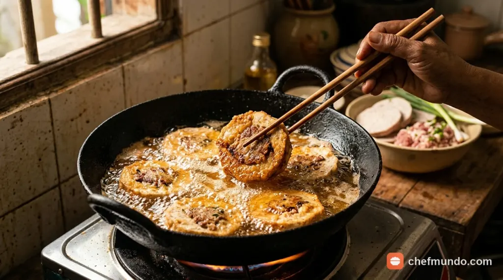 Chiên khoai môn nhồi thịt kẹp lát trong chảo dầu nóng sôi vàng ươm