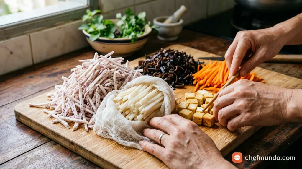 Khay nguyên liệu làm chả giò chay gồm khoai môn bào sợi, củ sắn vắt ráo nước, nấm mèo và đậu hũ