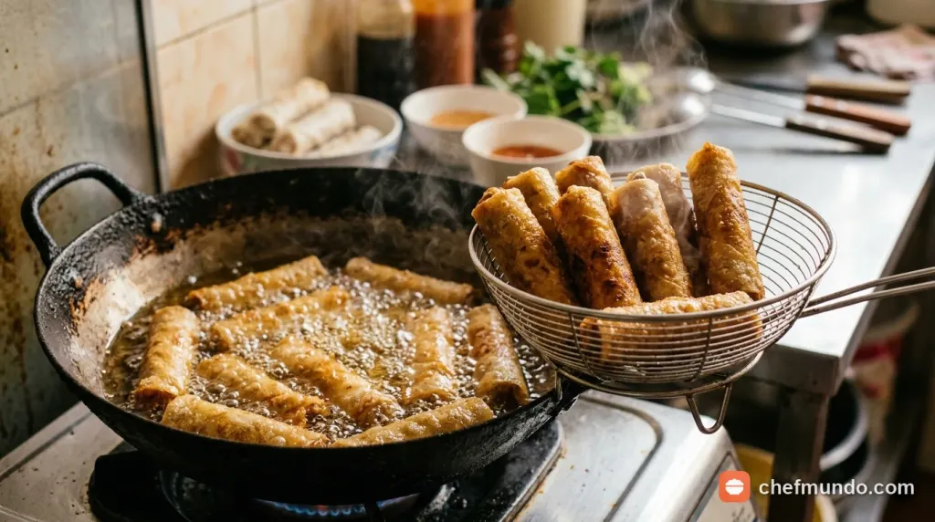 Kỹ thuật chiên 2 lửa giúp chả giò chay khoai môn giòn xốp ráo dầu