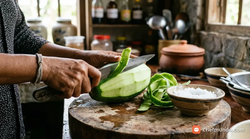 Sơ chế đu đủ xanh và cà rốt ngâm trong nước muối loãng để khử sạch nhựa đắng