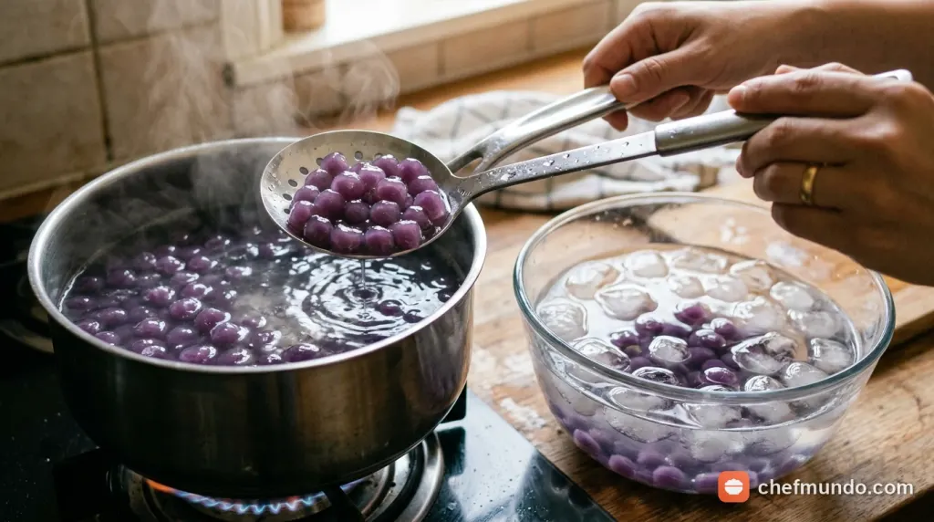 Luộc khoai môn bọc bột năng đến khi vỏ trong suốt rồi ngâm ngay vào nước đá lạnh