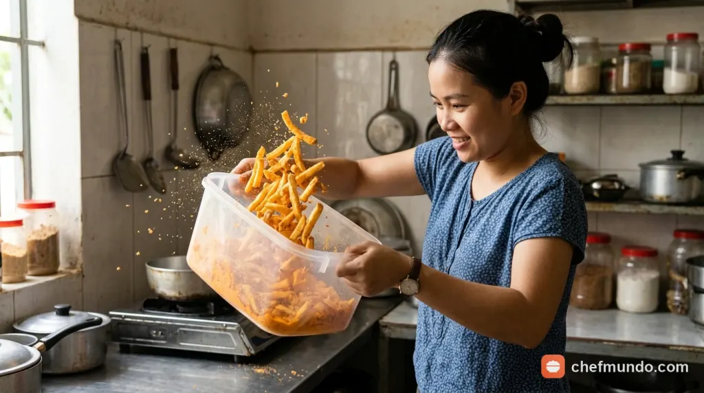 Lắc đều bột phô mai vàng cam bám mịn quanh thanh khoai môn chiên giòn rụm