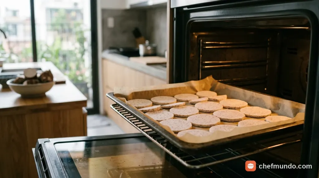 Xếp các lát khoai môn đều đặn lên khay nướng lót giấy nến khi làm khoai môn sấy bằng lò nướng.
