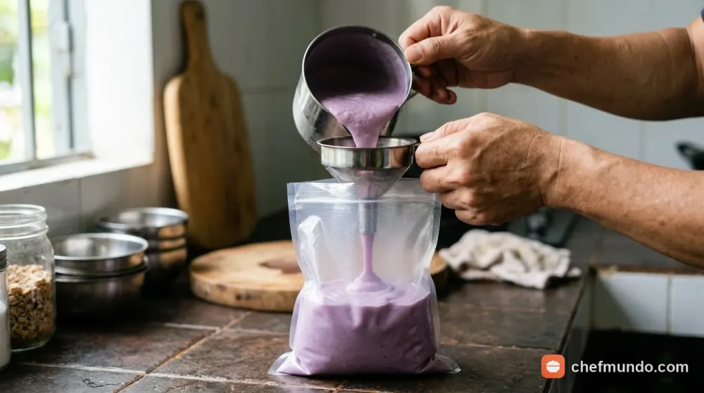 Thao tác làm sinh tố bịch khoai môn với công đoạn rót hỗn hợp sánh mịn qua phễu vào từng bịch nilon nhỏ
