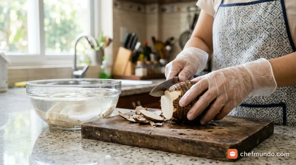 Sơ chế gọt vỏ khoai môn cẩn thận với găng tay bảo hộ khi làm sinh tố bịch để đảm bảo an toàn và chống ngứa