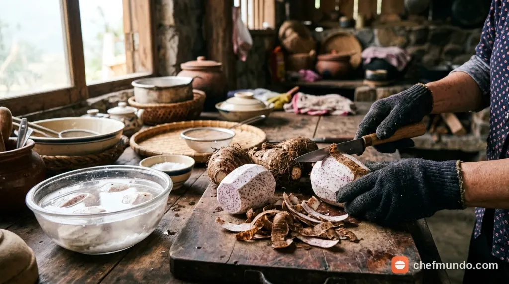 Sơ chế gọt vỏ khoai môn cẩn thận bằng găng tay để tránh ngứa