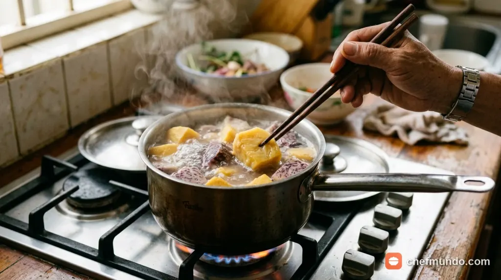 Kiểm tra độ chín mềm của khoai môn luộc trong nồi nước sôi bằng đũa