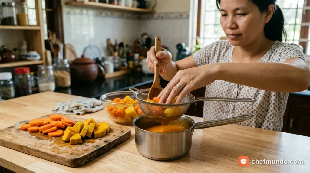 Sơ chế rau củ hấp chín và rây mịn để chuẩn bị nấu bột ăn dặm cho trẻ