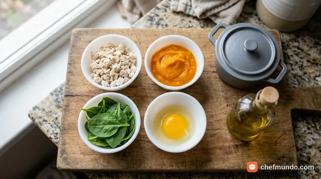 Các nhóm nguyên liệu đạm và rau củ tươi xay nhuyễn dùng để biến tấu bột ăn dặm cho bé