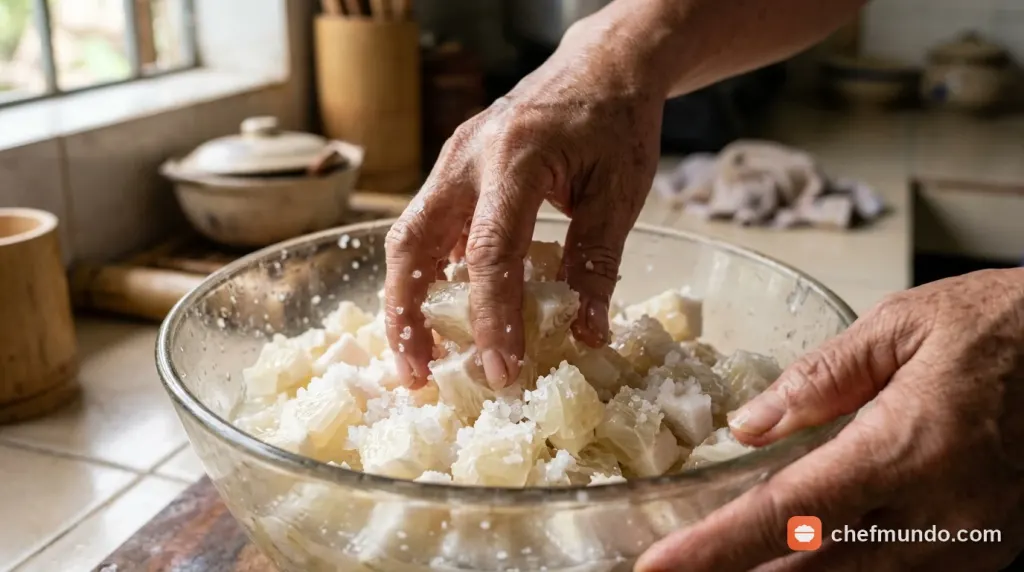 Thao tác bóp muối hạt khử đắng cho cùi bưởi thái hạt lựu trong âu thủy tinh
