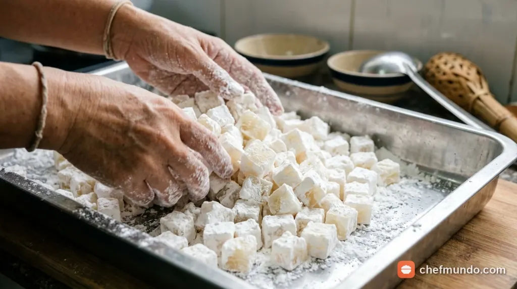 Kỹ thuật áo bột năng quanh cùi bưởi để giữ độ giòn dai khi luộc