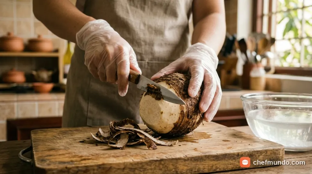 Bí quyết sơ chế làm khoai môn sạch mủ và không bị ngứa tay bằng cách đeo găng tay và giữ củ khoai khô ráo