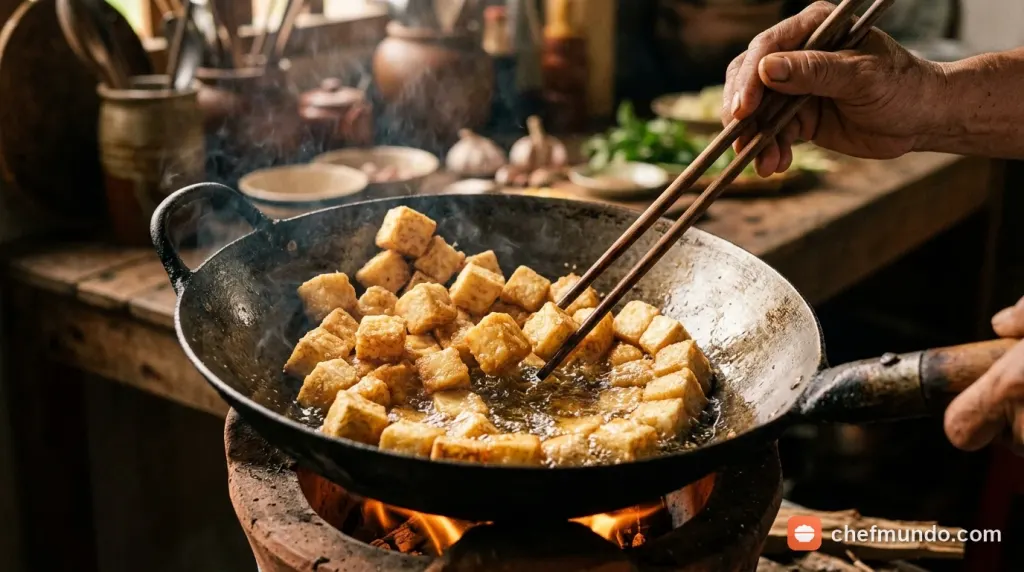 Kỹ thuật chiên sơ định hình nhiệt giúp miếng khoai môn giữ nguyên khối và không bị nát đục nước canh khi hầm
