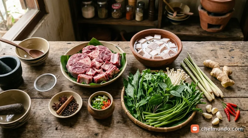 Chuẩn bị các nhóm nguyên liệu tươi ngon gồm thịt bắp bò, sườn bò, khoai môn cao và rau nấm ăn kèm lẩu bò