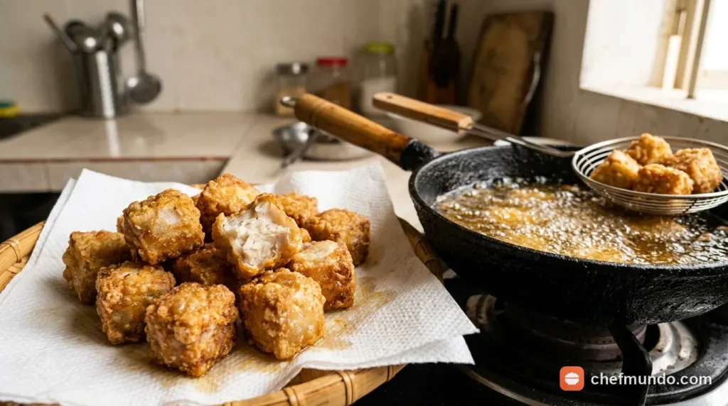 Khoai môn cắt khối được chiên sơ vàng giòn chuẩn kỹ thuật giúp khóa tinh bột không bị nát khi nấu lẩu