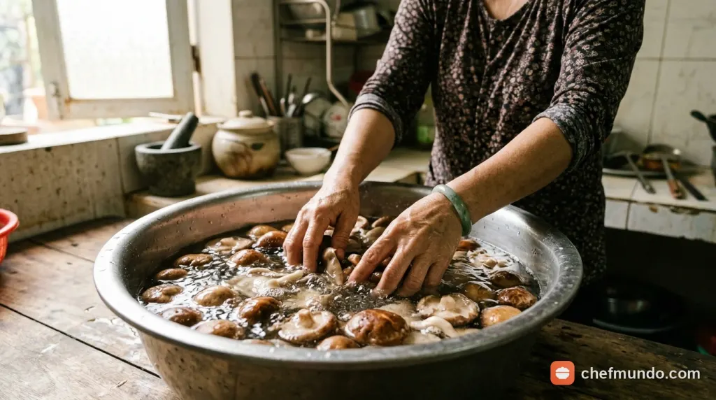 Luộc nấm tràm trong nồi nước sôi để khử sạch vị đắng và chất nhớt