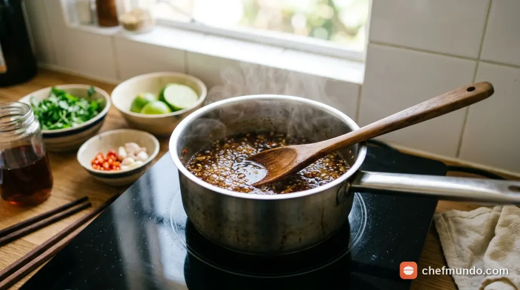 Đun ấm nhẹ hỗn hợp nước mắm đường giấm pha nước chấm bún chả trên bếp