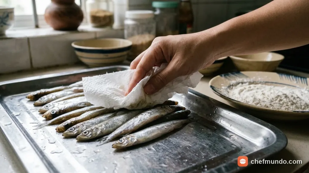Khâu thấm khô từng con cá trứng bằng khăn giấy và áo một lớp bột mỏng trước khi rán