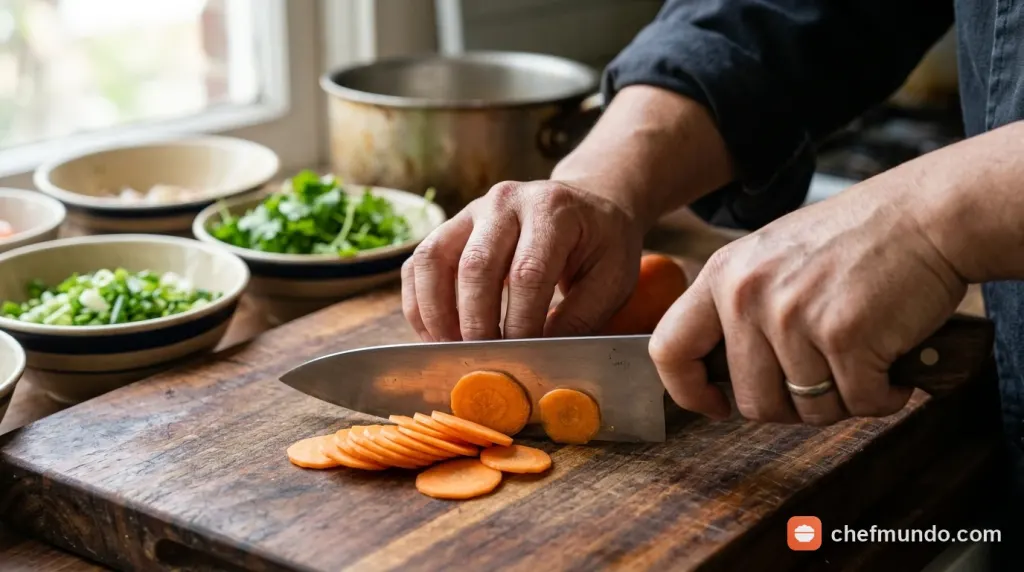 Kỹ thuật cầm dao kiểu kẹp và tư thế tay móng vuốt giúp thái rau củ nhanh và an toàn