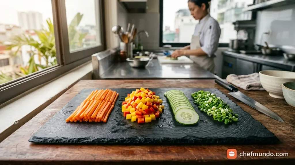 Các kiểu thái rau củ quả đẹp chuẩn đầu bếp gồm thái que hạt lựu và thái lát mỏng