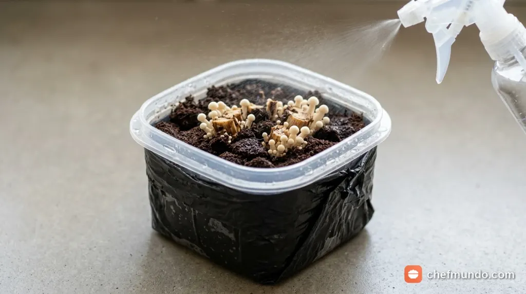 Kỹ thuật kích nấm kim châm mọc thân dài thẳng bằng ống bao carton giữ ẩm và CO2
