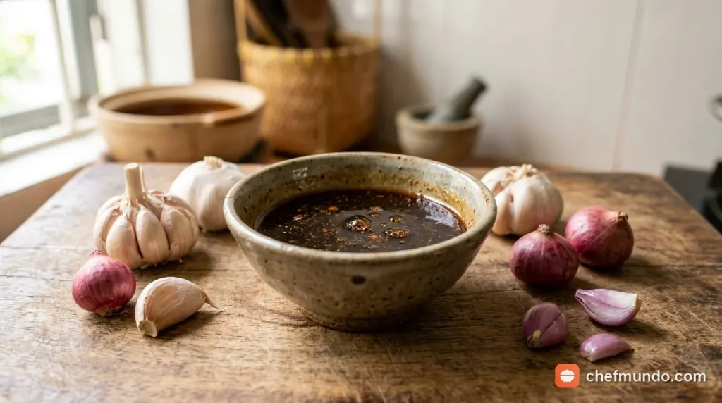 Chuẩn bị nguyên liệu và làm gia vị ướp thịt nướng bún chả với nước cốt hành tỏi mật ong dầu hào chống cháy
