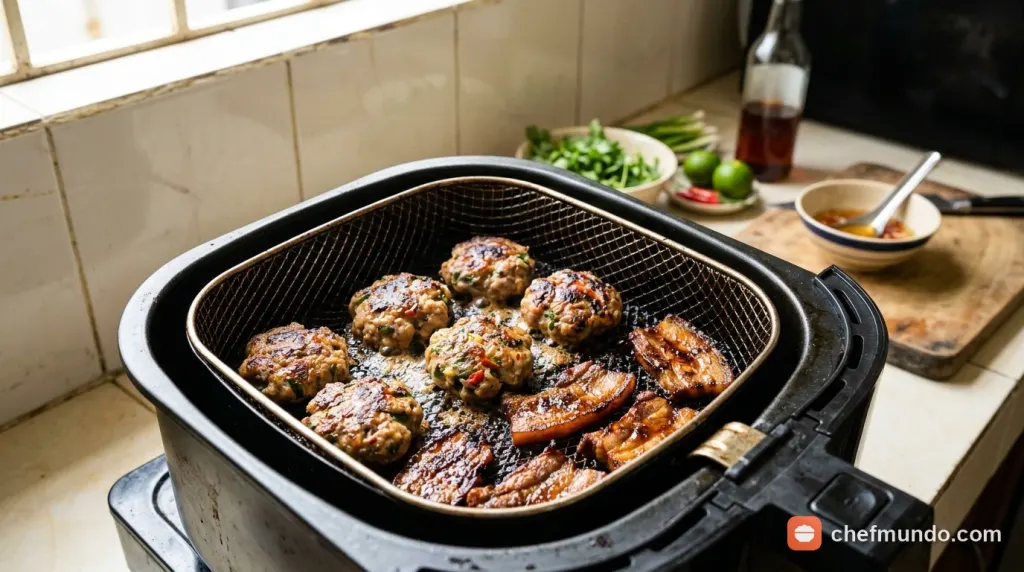 Cách làm thịt nướng bún chả bằng nồi chiên không dầu hai giai đoạn nhiệt giúp thịt mềm mọng không bị khô