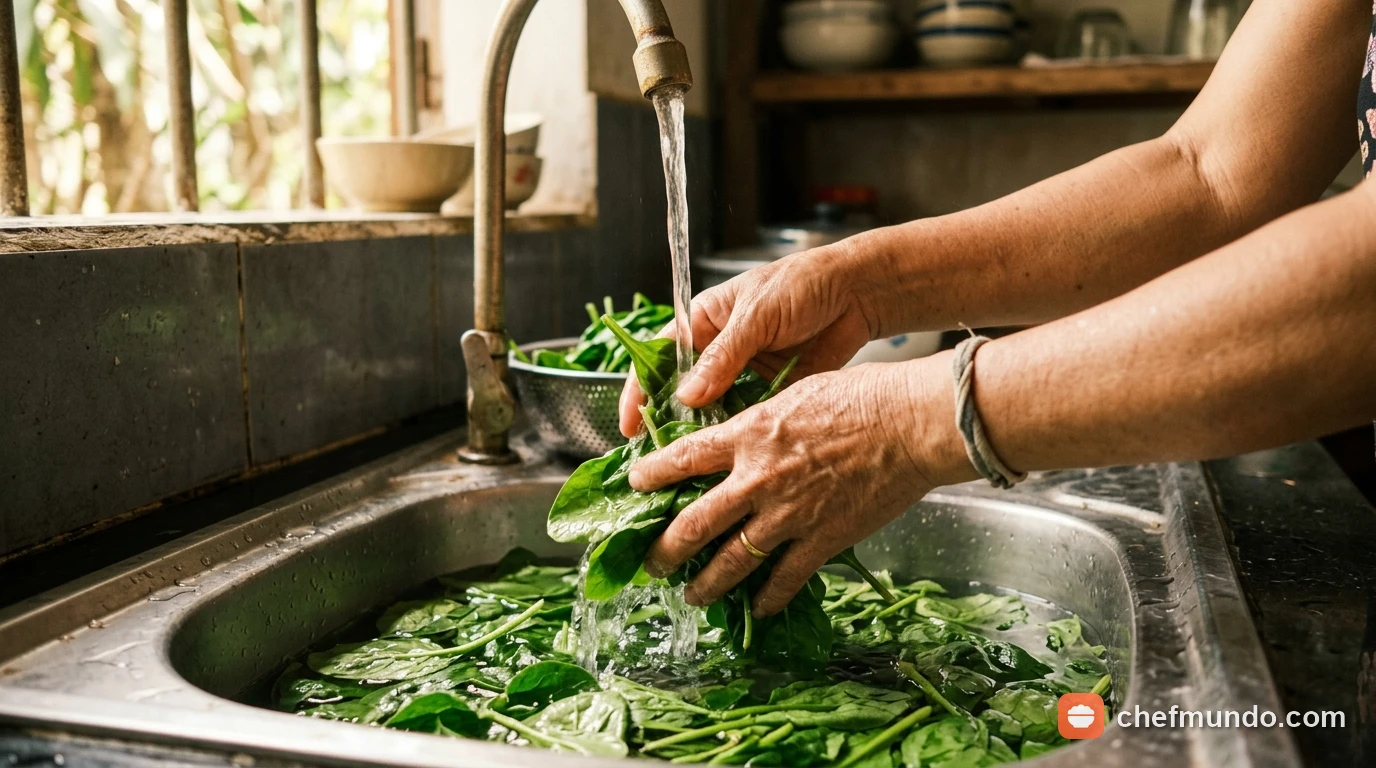 Rửa sạch những lá cải bó xôi non mềm dưới vòi nước chảy