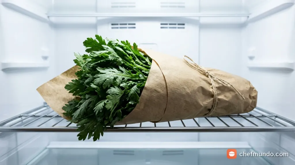 Bó cải cúc tươi được bọc giấy bảo quản trong ngăn mát tủ lạnh