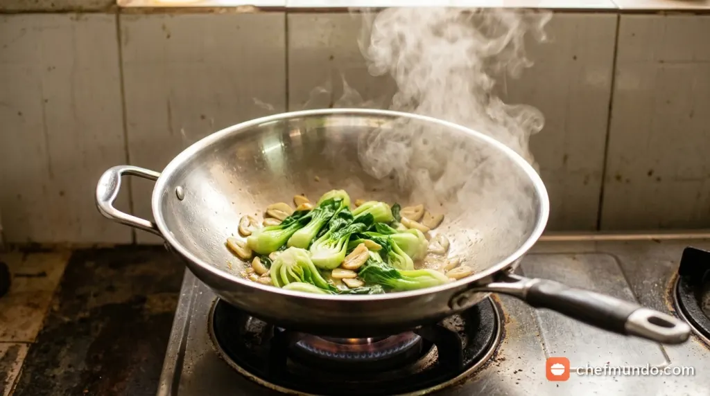 Xào nhanh cải thìa trên chảo lửa lớn giúp bẹ rau giữ độ giòn