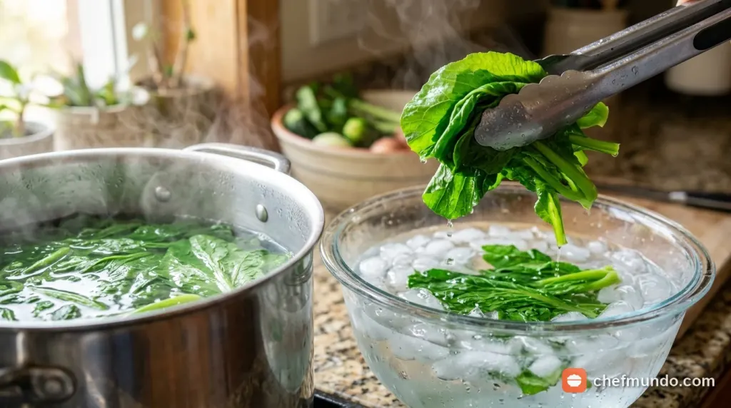 Luộc cải xanh giòn ngon và sốc nước đá lạnh giữ màu diệp lục tươi