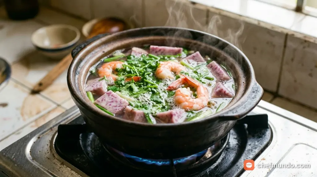 Nồi canh tôm tươi nấu khoai môn thơm ngọt đang sôi trên bếp