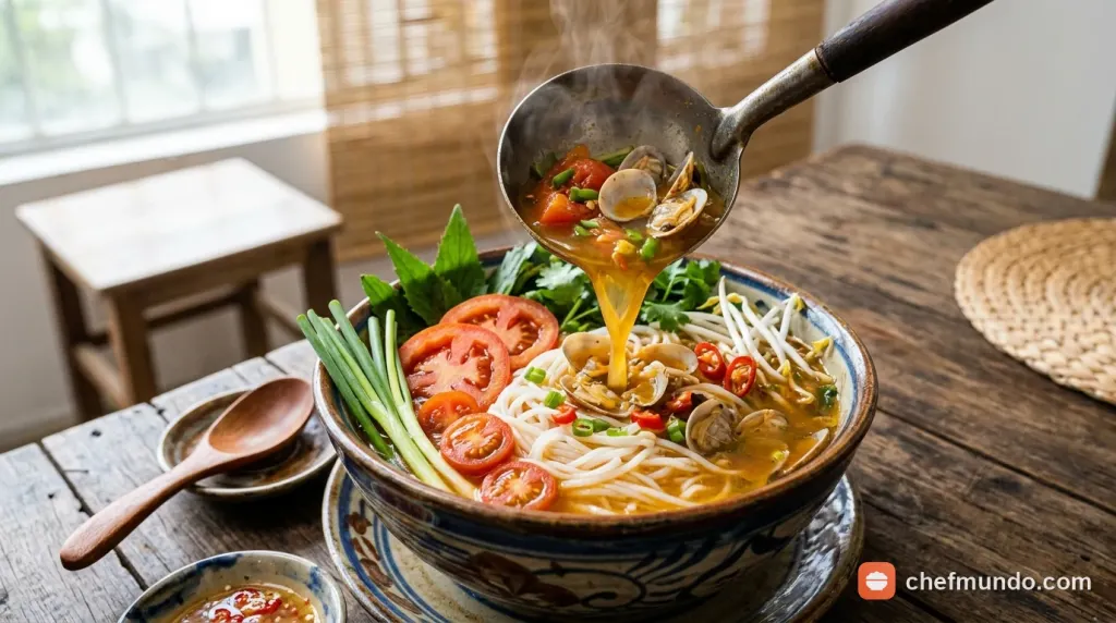 Bát bún chan canh ngao chua thanh mát kèm rau sống và thì là