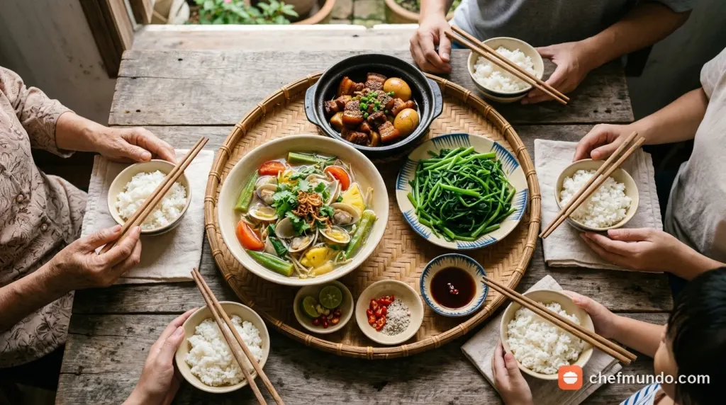 Mâm cơm gia đình cân bằng dinh dưỡng với canh ngao chua và món mặn đậm đà
