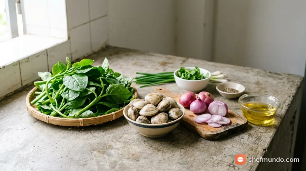 Nguyên liệu ngao tươi sống và rau mồng tơi xanh mướt chuẩn bị nấu canh phân tích dinh dưỡng