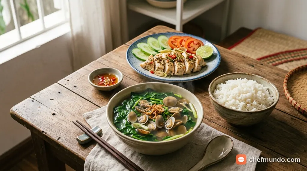 Bữa ăn giảm cân lành mạnh kết hợp bát canh ngao nấu mồng tơi cùng đạm nạc và tinh bột tốt