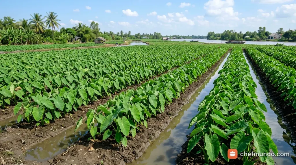 Những luống môn xanh tốt trồng thẳng hàng trên đất phù sa có rãnh thoát nước tại đồng bằng sông Cửu Long