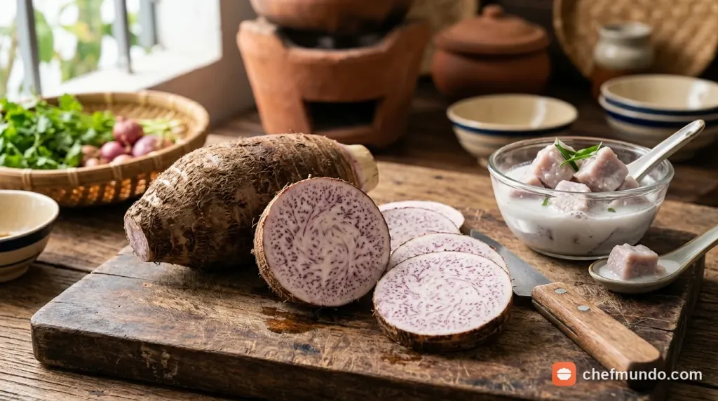 Củ khoai môn tươi cắt lát làm nổi bật hàm lượng tinh bột và chất xơ dinh dưỡng
