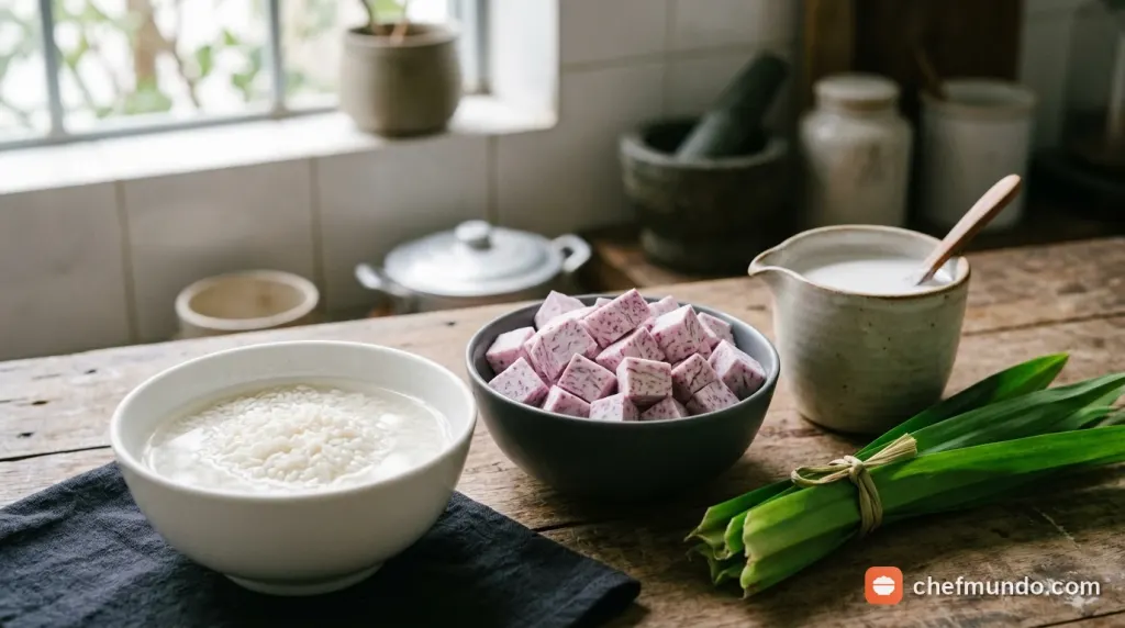 Các nguyên liệu nấu chè nếp khoai môn gồm khoai môn cắt hạt lựu, gạo nếp và nước cốt dừa