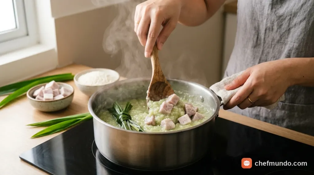 Nấu nếp dẻo cùng lá dứa và khoai môn ngào đường trên bếp giữ cho khoai không bị nát
