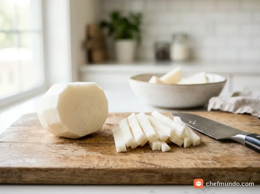 Củ đậu gọt sạch vỏ trắng ngần trên thớt gỗ chuẩn bị sơ chế an toàn