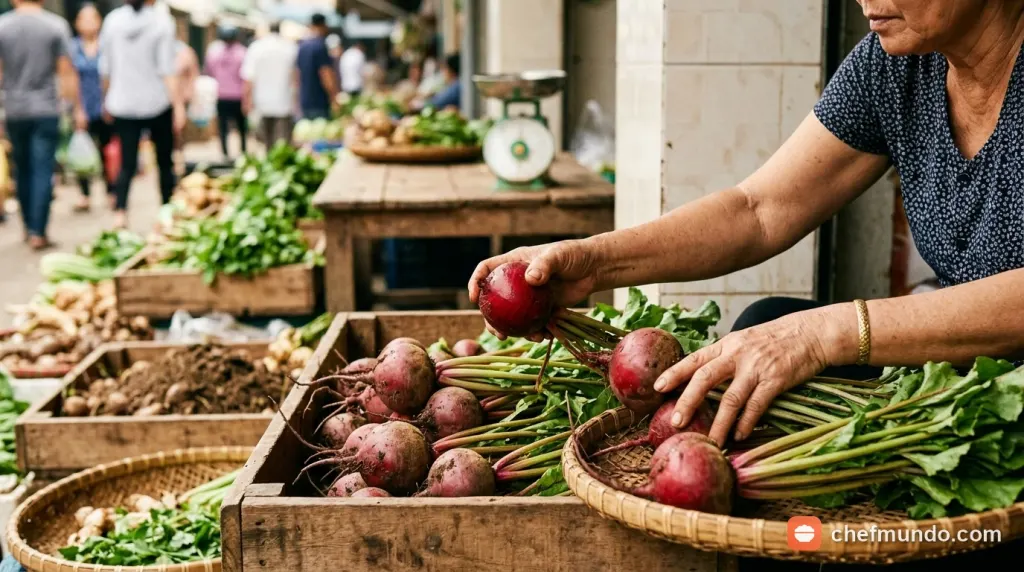 Đôi tay chọn củ dền tròn đều tươi ngon tại sạp nông sản