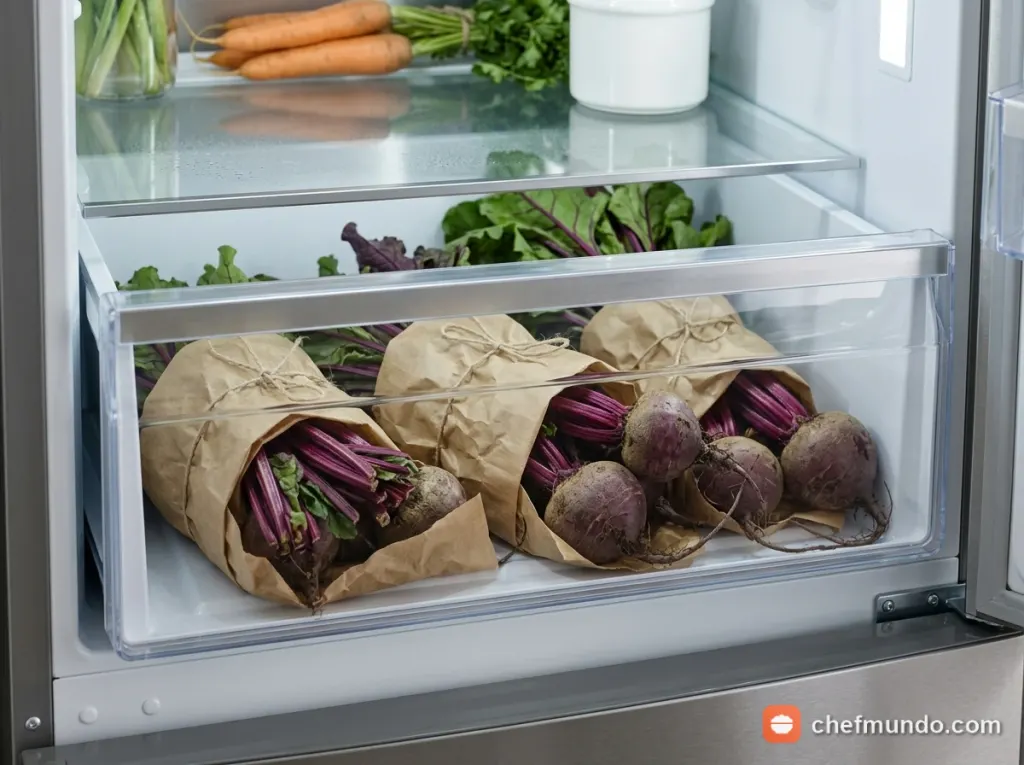 Củ dền được bọc túi giấy bảo quản trong ngăn rau củ tủ lạnh