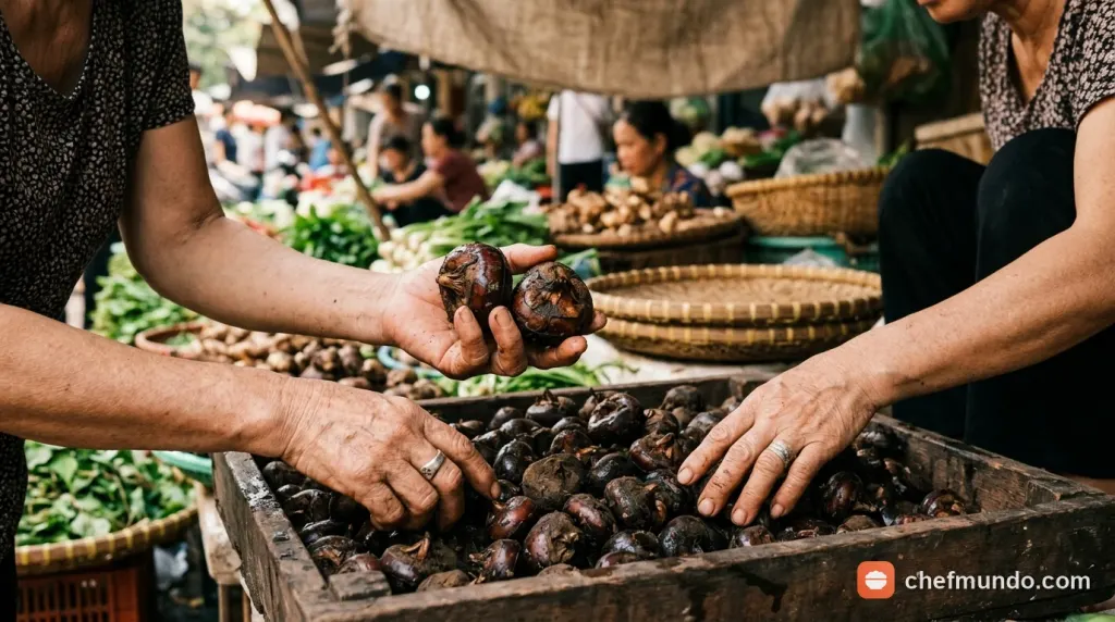 Đôi tay đang chọn mua những củ năng tươi ngon vỏ nâu sẫm tại sạp chợ