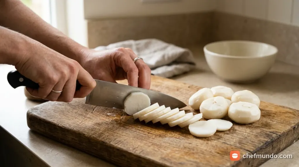 Củ năng đã gọt vỏ trắng ngần được thái lát trên thớt gỗ chuẩn bị chế biến