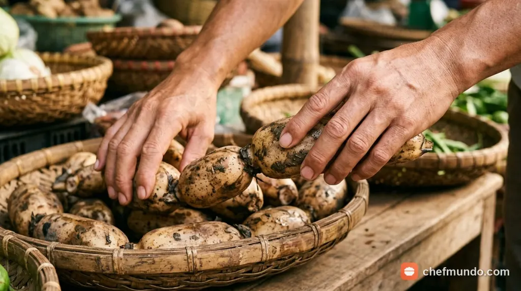 Đôi tay đang cẩn thận lựa chọn những củ sen tươi mập mạp tại khu chợ truyền thống