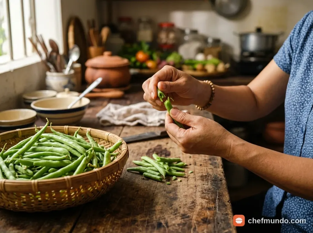 Bẻ kiểm tra độ tươi giòn của quả đậu cô ve khi chọn mua tại chợ