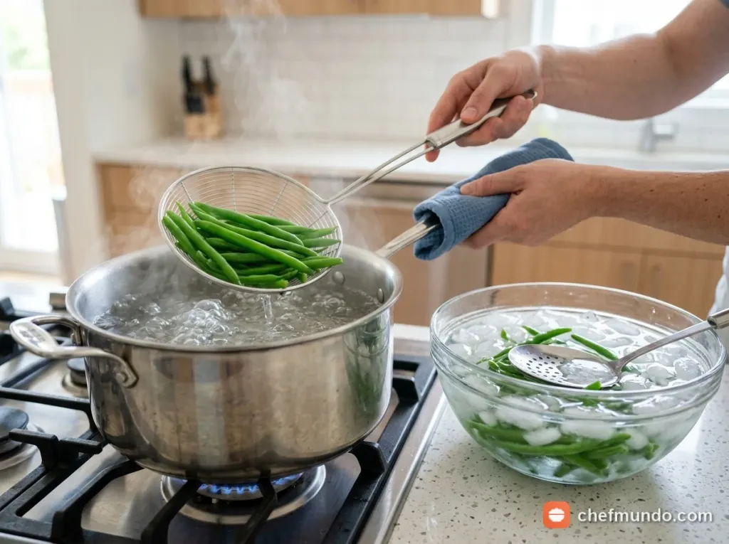 Chần đậu cô ve qua nước sôi rồi ngâm nước đá lạnh để giữ màu xanh giòn